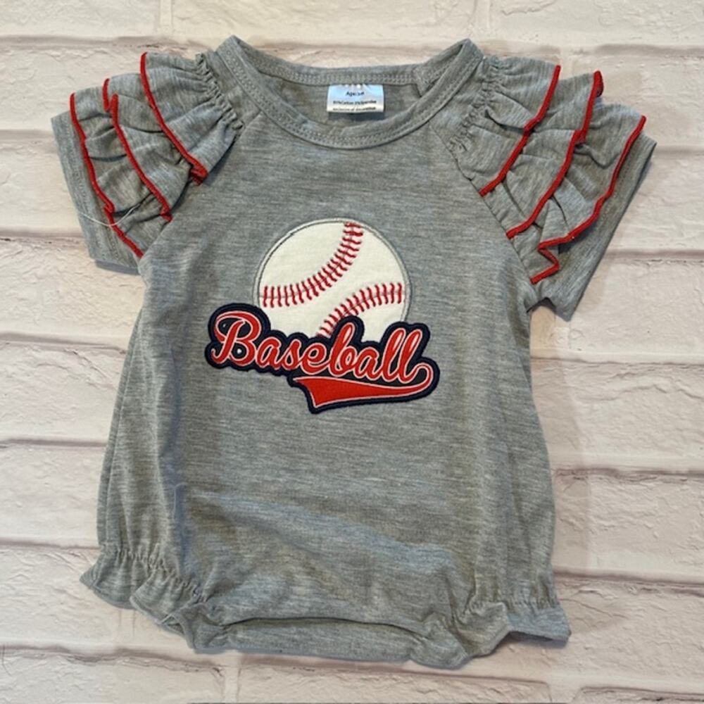 Baby Girl 3 Month Gray Red Sports Baseball Ruffled Stretch One-Piece